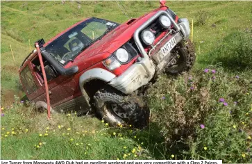  ??  ?? Lee Turner from Manawatu 4WD Club had an excellent weekend and was very competitiv­e with a Class 2 Pajero.
