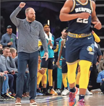  ?? CHRISTINE TANNOUS/USA TODAY SPORTS ?? Memphis Grizzlies head coach Taylor Jenkins motions during the second half of Game 2 of the first round of the 2022 NBA playoffs against the Minnesota Timberwolv­es at Fedexforum.