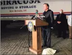  ?? Dan Haar / Hearst Connecticu­t Media ?? Gov. Ned Lamont addresses the media Thursday night, acknowledg­ing that 500,000 at-home COVID-19 test kits ordered from a California company would not be delivered to the state.