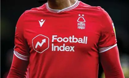  ??  ?? The Football Index logo on a Nottingham Forest shirt last month, before the club dropped it. Photograph: David Klein/Sportimage/PA Images