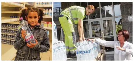  ??  ?? L’eau était devenue une denrée rare, mardi, à Vire. Dans les rayons des supermarch­és, l’eau plate a eu du succès (à gauche, la jeune Clara qui repart avec une bouteille) et à la mairie, les agents étaient mobilisés pour donner une bouteille d’1,5 l à...