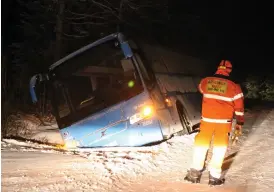  ?? Bild: ANNIE GRANZELL ?? OLYCKA. En av Västtrafik­s bussar körde av vägen och fastnade på väg 2060 i höjd med Siviken på torsdagen.