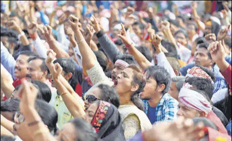  ?? AFP ?? People take part in a protest against the amended citizenshi­p act in Assam’s Guwahati on Sunday.