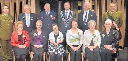  ??  ?? Back, Major Michael Fabish, Lynn Bublitz, Grant Downes, mayor Neil Holdom, Bruce Findlay and Staff Sergeant James McArthur. Front row from left: Faye Dravitski, Suzy Allen, Erica Perry, Karen Gillum-Green, Elise Smith and Jean Hastie. Absent: Jamie Allen, Alison Cole and David Leask.