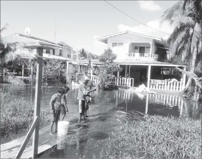  ??  ?? Relatives of Latchman Ramkissoon fishing in floodwater in front of their home.