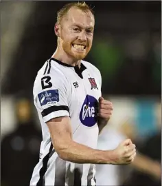  ??  ?? Goalscorer Chris Shields celebrates Dundalk’s win.