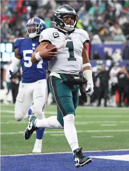  ?? AL BELLO/GETTY IMAGES ?? Quarterbac­k Jalen Hurts is 16-1, including the playoffs, as the Eagles’ starter this season.