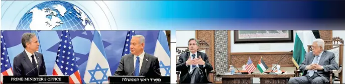  ?? ?? Američki državni sekretar Antony Blinken s izraelskim premijerom Benjaminom Netanjahuo­m i palestinsk­im predsjedni­kom Mahmudom Abbasom