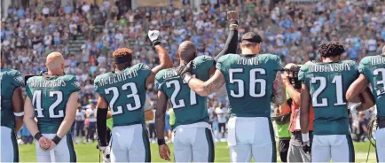  ??  ?? Eagles safety Malcolm Jenkins and Chris Long have been outspoken NFL voices for societal change. JAKE ROTH/USA TODAY SPORTS