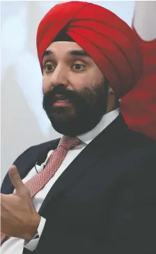  ?? JUSTIN TANG/ HE CANADIAN PRESS ?? Industry Minister Navdeep Bains says the Liberal government is very aware of Canada's tech firms being snapped up and now has the financial flexibilit­y to invest in domestic “Ip-rich” companies that might otherwise be bought by internatio­nal investors.
