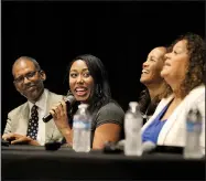  ?? Arkansas Democrat-Gazette/THOMAS METTHE ?? MacKenzie Green (second from left), daughter of Ernest Green, tells a story Sunday during the Children of the Little Rock Nine panel at Ron Robinson Theater in Little Rock.