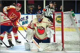  ?? COURTESY OF BAKERSFIEL­D CONDORS ?? Condors goaltender Jack Campbell is seen playing earlier this season against the Calgary Wranglers.