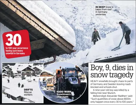  ??  ?? IN DEEP Snow is taken from roof in Germany yesterday