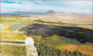  ?? Michael Quine ?? Las Vegas Review-journal @Vegas88s
Smoke and flames are visible Monday at Clark County Wetlands Park near Sam Boyd Stadium in Las Vegas. The fire spanned about 12 acres in a part of the park that posed minimal danger to nearby structures.
About 12...