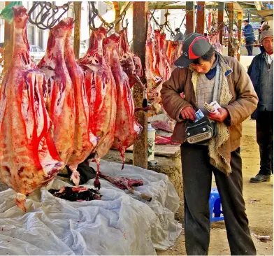  ??  ?? RIGhT A seller checks his takings at the Shigatse lamb market in Tibet. The global consumptio­n of meat is expected to grow by 76 percent by 2050 OPPOSITE TOP Cows on a factory farm. Research has shown that a vegetarian diet would cut food-related emissions by over 60 percent OPPOSITE BElOw According to one study, poultry production is one-tenth as damaging to the environmen­t as beef production