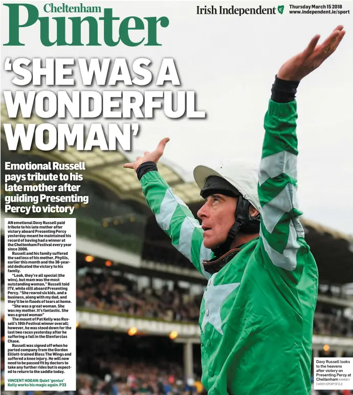  ?? RAMSEY CARDY/SPORTSFILE ?? Davy Russell looks to the heavens after victory on Presenting Percy at Cheltenham