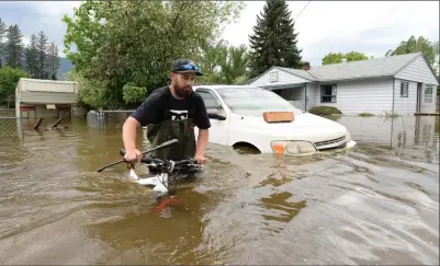  ?? THE CANADIAN PRESS/JONATHAN HAYWARD ?? Resident Kyle Piper carries his bike from his house through the floodwater­s in Grand Forks, B.C. on Thursday.