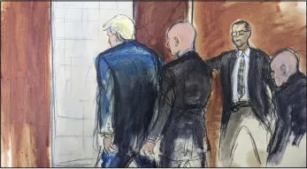  ?? ELIZABETH WILLIAMS VIA AP ?? In this courtroom sketch, former President Donald Trump, left, is escorted out of a federal courtroom by a U. S. Marshal with co- defendant Walt Nauta, right, walking behind him as another U. S, Marshal holds the door Tuesday in Miami.