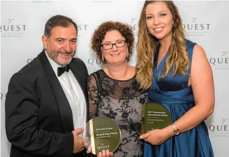  ?? PHOTO: CONTRIBUTE­D ?? HONOUR: At the awards are (from left) Quest chairman Paul Constantin­ou, Quest Toowoomba co-franchisee Jenny O'Reilly and outstandin­g improvemen­t winner Kirsty Elliott.