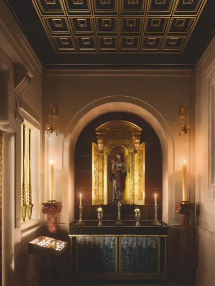  ??  ?? Fig 5: The Lady Chapel. Ornamentin­g the altar is a beautifull­y embroidere­d frontal of lilies. The candle-stands take the form of ionic columns, with capitals copied from the Temple of Apollo at Bassae