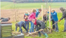  ?? FOTO: PRIVAT ?? Schüler der Klasse 5 der Gemeinscha­ftsschule Leutkirch haben acht Obstbäume auf dem Burrishof bei Herlazhofe­n gepflanzt.