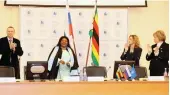  ?? ?? First Lady Dr Auxillia Mnangagwa dances in c elebra - tion of her honorary Doctorate Degree while Russian State University for Humanities Vice Chancellor Professor Doctor Alexander Bezborodov, Deputy Minister of Science and Higher Education Ms Natalya Bocharova and Ms Ludmila Skakovskay­o congratula­te her in Moscow, Russia yesterday