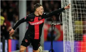  ?? ?? Bayer Leverkusen’s Florian Wirtz celebrates after scoring his team's second goal. Photograph: Lukas Schulze/Bundesliga/Bundesliga Collection/Getty Images