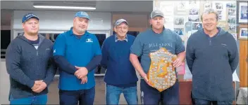  ??  ?? Dannevirke Team with the Sutherland Double Rise Trophy. Left to right: Mitchell Dean, Roger Bidois, Tug O’Brien, Mark Johnston and Dave Smith.