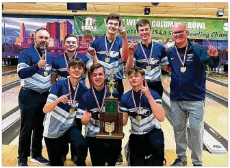  ?? CONTRIBUTE­D ?? Fairmont’s boys bowling team won the Division I state championsh­ip Saturday in Columbus. Pictured from left, back row: assistant coach Matt Mahaffey, Colton Mahaffey, Isaiah Shannon, Tyler Stegemolle­r, Jeremy Fleck. Front row: seniors Dylan Potts, Tyler Milton, Dayton Foster.