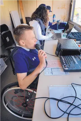  ?? JIM THOMPSON/JOURNAL ?? Austin Denton was a fixture at La Cueva games in the broadcast booth. Above, he worked a Bears baseball game in May.