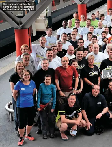  ??  ?? This year’s participan­ts gather at Crewe on June 15, for the start of the Three Peaks Challenge by Rail.