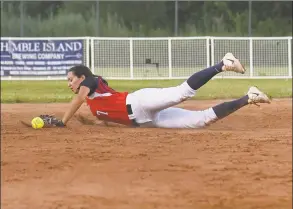  ?? Gregory Vasil / For Hearst Connecticu­t Media ?? Shortstop Briana Marcelino, of the Stratford Brakettes, dives to knock down the ball during a game against the Concord (MA) Raiders in 2018.