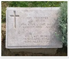  ??  ?? ABOVE: Harold Rush’s headstone recalls his last words