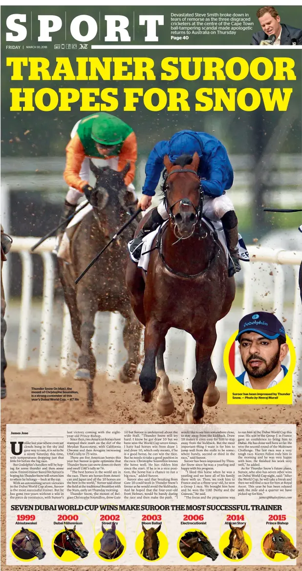  ?? KT file Photo by Neeraj Murali ?? Thunder Snow (in blue), the mount of Christophe Soumillon, is a strong contender at this year’s Dubai World Cup. — Suroor has been impressed by Thunder Snow. —