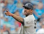  ?? CHRIS O'MEARA/AP PHOTO ?? New York Yankees pitcher CC Sabathia points at the Tampa Bay Rays dugout after he was ejected for hitting Jesus Sucre with a pitch during the sixth inning of Thursday’s game at St. Petersburg, Fla.