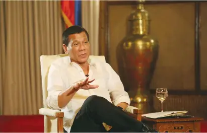  ?? (Wang Yu/Xinhua/Sipa USA/TNS) ?? PHILIPPINE PRESIDENT Rodrigo Duterte explains in an interview his declaratio­n of martial law on the island of Mindanao on May 23.