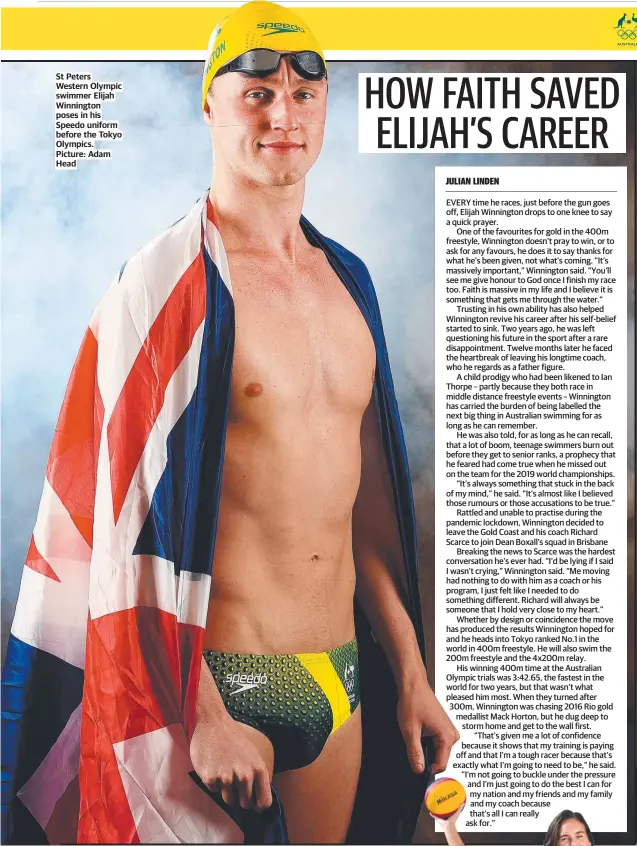  ??  ?? St Peters Western Olympic swimmer Elijah Winnington poses in his Speedo uniform before the Tokyo Olympics. Picture: Adam Head