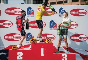  ??  ?? above On the podium and getting soaked during the 2015 USA Pro Cycling Challenge