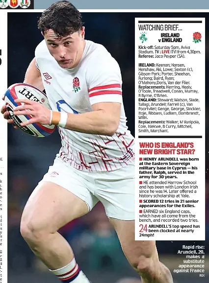  ?? REX ?? Rapid rise: Arundell, 20, makes a substitute appearance against France