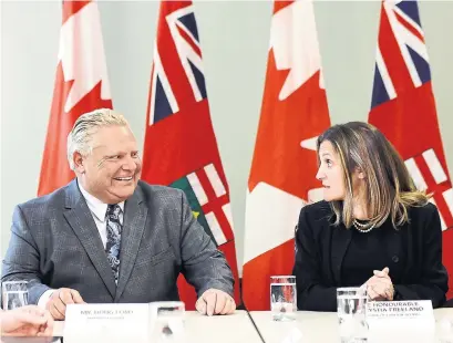  ?? NATHAN DENETTE/THE CANADIAN PRESS ?? Ontario premier-designate Doug Ford meets with federal Minister of Foreign Affairs Chrystia Freeland in Toronto Thursday.