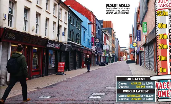  ??  ?? DESERT AISLES Empty shuttered shops in Belfast City Centre’s Church Lane yesterday