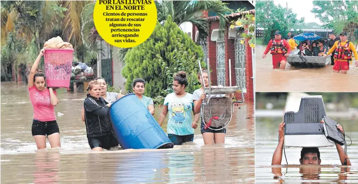  ??  ?? (1) Un grupo de mujeres en la colonia Jerusalén, de La Lima, se enfrentan al riesgo de caminar con el agua arriba de las rodillas para sacar sus pertenenci­as. (2) En El Porvenir se recurrió a las lanchas pequeños observan desde la puerta de su casa en...