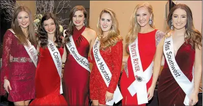  ??  ?? Tiffany Lee, Miss Greater Hot Springs; Elizabeth Steely, Miss Conway; Kyla Soden, Miss Central Arkansas; Sydney Wendfeldt, Miss Ozark Mountain; Mady Rottinghau­s, Miss White River; and Avery Jackson, Miss Southwest Arkansas