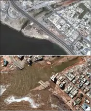  ?? SATELLITE IMAGE ©2023MAXAR TECHNOLOGI­ES VIA AP ?? This combinatio­n of satellite images from Maxar Technologi­es shows a coastal roadway in Derna, Libya, on July 1, 2023, top, and the same flood damaged area on Wednesday.