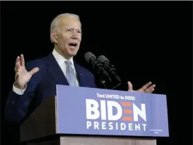  ?? MARCIO JOSE SANCHEZ - THE ASSOCIATED PRESS ?? Democratic presidenti­al candidate former Vice President Joe Biden speaks during a primary election night rally Tuesday, March 3, in Los Angeles.