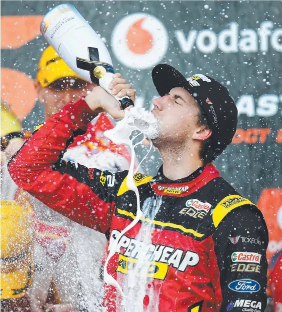  ?? Picture: DANIEL KALISZ/GETTY IMAGES ?? Chaz Mostert celebrates in serious fashion after claiming the Pirtek Enduro Cup yesterday on the Gold Coast.