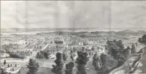  ?? HAMILTON SPECTATOR FILE PHOTO ?? A view of Hamilton from the Mountain at the time of Confederat­ion on July 1, 1867. Below, The textile industry was a staple of the Hamilton economy 150 years ago. This was the intersecti­on of King and John streets in the 1960s.