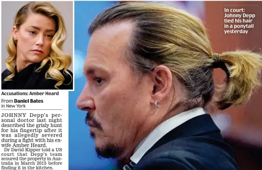  ?? ?? Accusation­s: Amber Heard
In court: Johnny Depp tied his hair in a ponytail yesterday