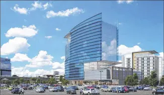  ??  ?? A conceptual drawing shows the proposed 16-story office tower and 10-story hotel near Perimeter Mall. The project’s developer, Trammell Crow Co., would build the complex near the Dunwoody MARTA station and State Farm’s recently opened regional hub.