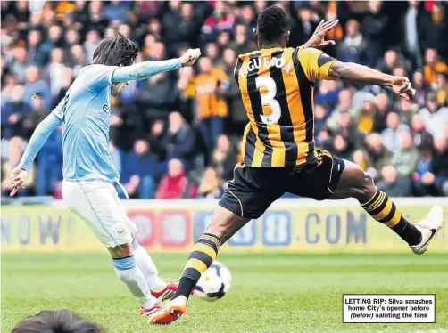  ??  ?? LETTING RIP: Silva smashes home City’s opener before ( below) saluting the fans